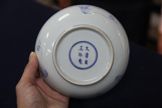 A near pair of Chinese blue and white mandarin duck and pond saucer dishes, Yongzheng mark and of the period (1723-35), diameter 15.5